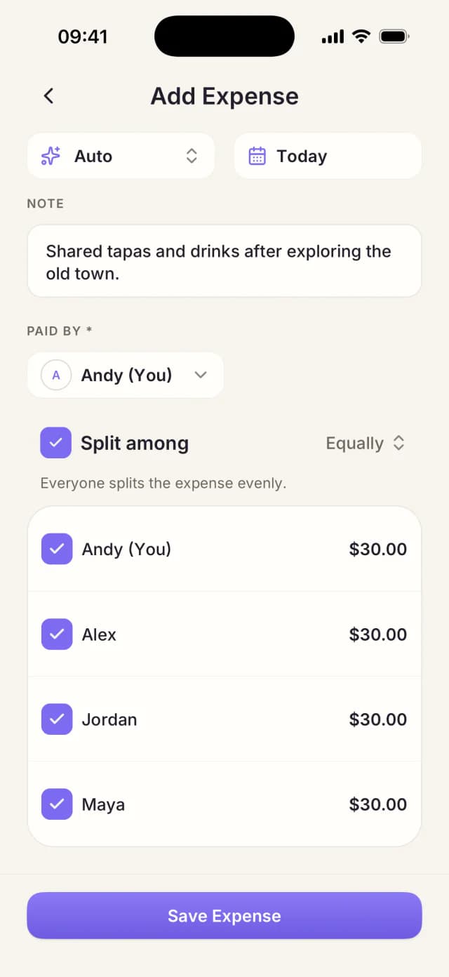 Equal expense split between four friends