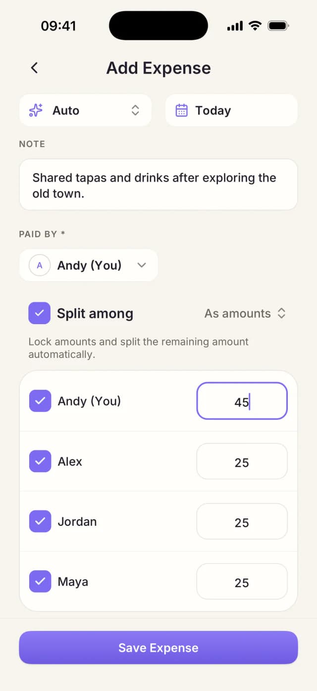 Expense split using exact amounts