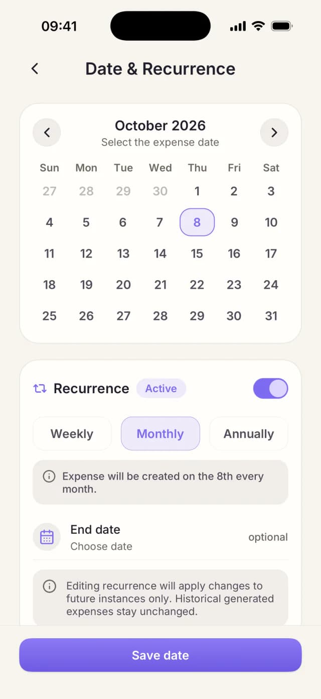 Tallio Date and Recurrence screen with weekly, monthly, and annual options and an optional end date