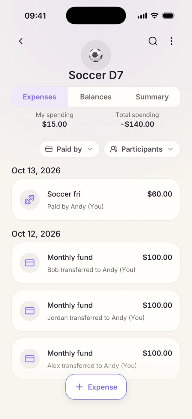 Shared expenses for Soccer D7