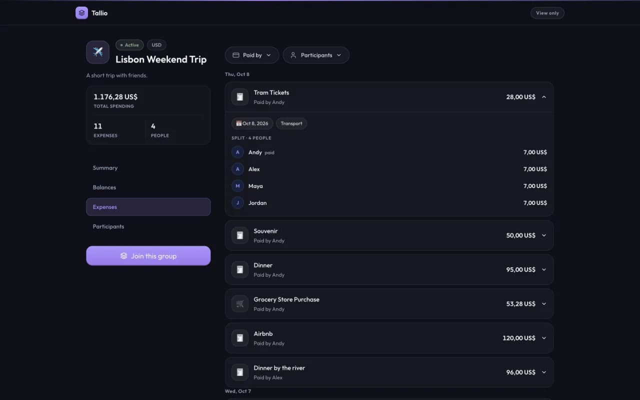 Tallio shared group in a web browser, showing expenses, participants, and expanded expense shares